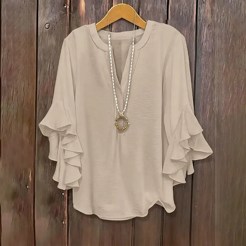 Plus Size Ruffle Sleeve V-Neck Blouse – Flowy, Flattering & Comfortable Everyday Top