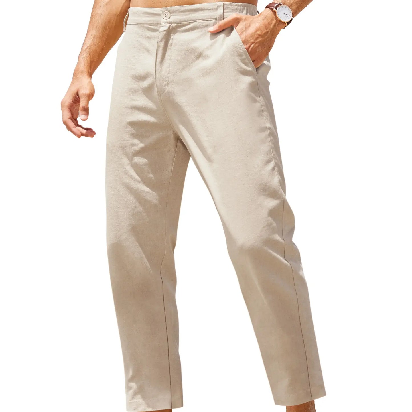 Men’s Lightweight Cotton Linen Pants – Elastic Waist Slim Fit Casual Trousers with Pockets for Beach, Yoga & Everyday Wear
