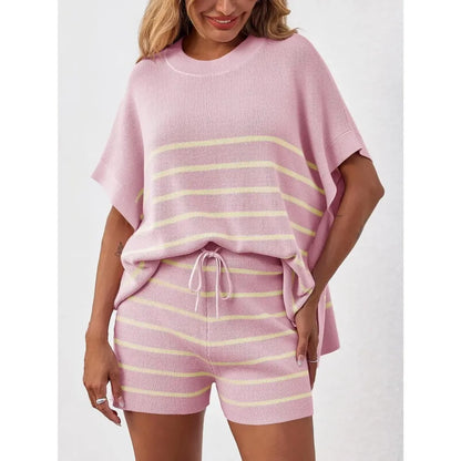 Women’s Summer Striped 2-Piece Set – Relaxed Fit Top & Shorts Lounge Set