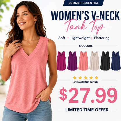 🎁✨Women's Sleeveless V-Neck Tank Top - Loose Fit Slimming Casual Summer T-Shirt