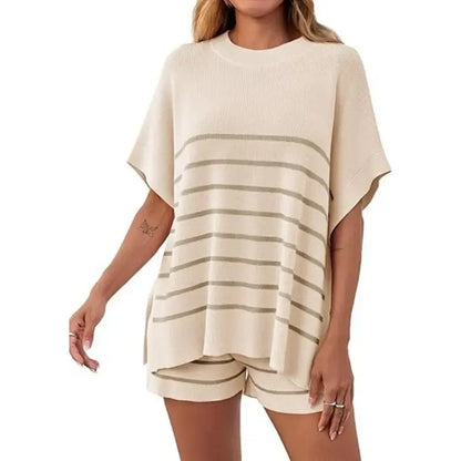 Women’s Summer Striped 2-Piece Set – Relaxed Fit Top & Shorts Lounge Set