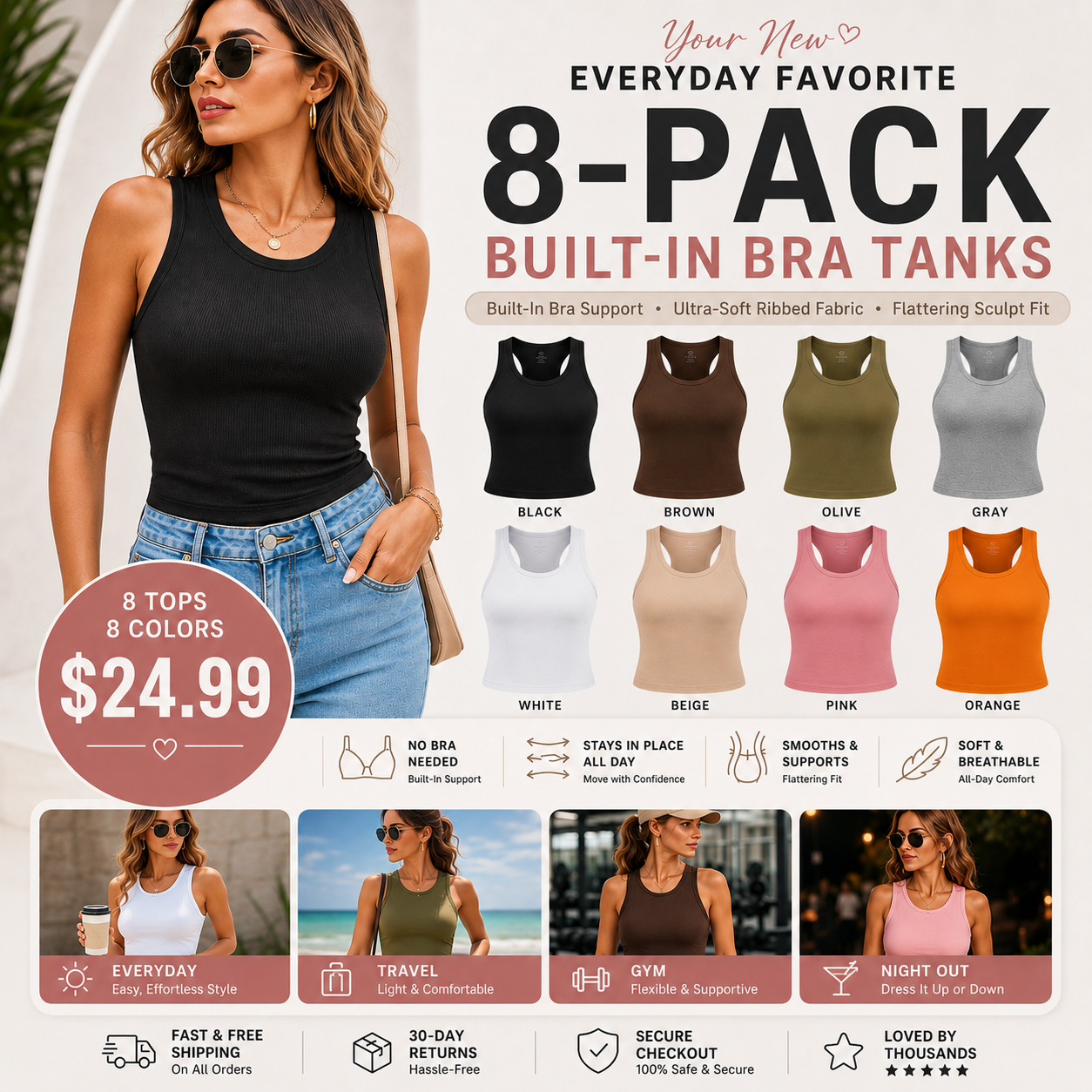 This Week's Special Price🍃Round Neck Built-in Bra Ribbed Tank Top Fit Casual Comfortable💥