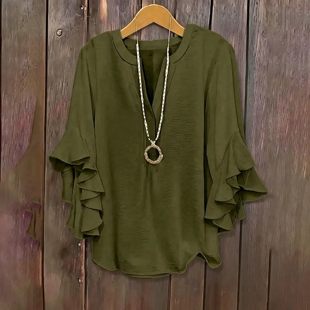 Plus Size Ruffle Sleeve V-Neck Blouse – Flowy, Flattering & Comfortable Everyday Top