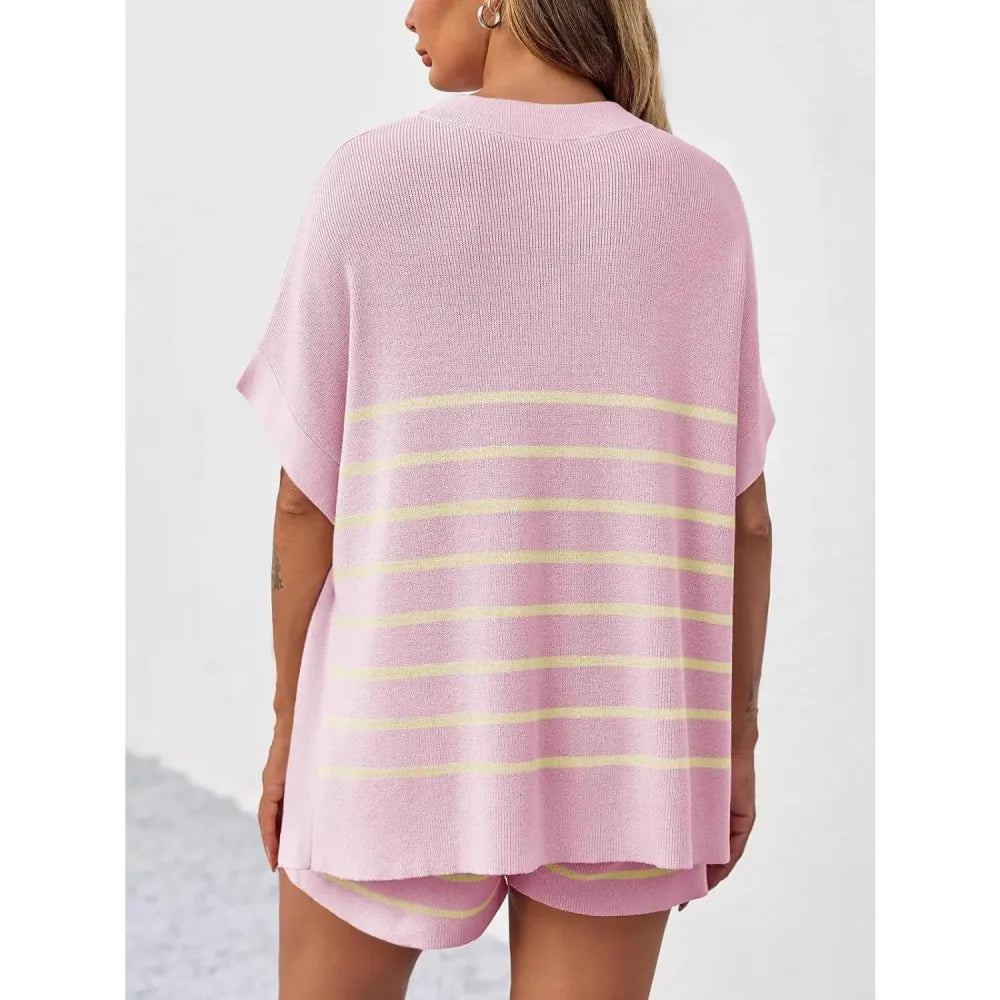 Women’s Summer Striped 2-Piece Set – Relaxed Fit Top & Shorts Lounge Set