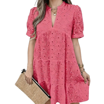 Women's Summer Lace Dresses Eyelet Casual Flowy Babydoll Swing Short Sleeve V Neck Tunic Dress