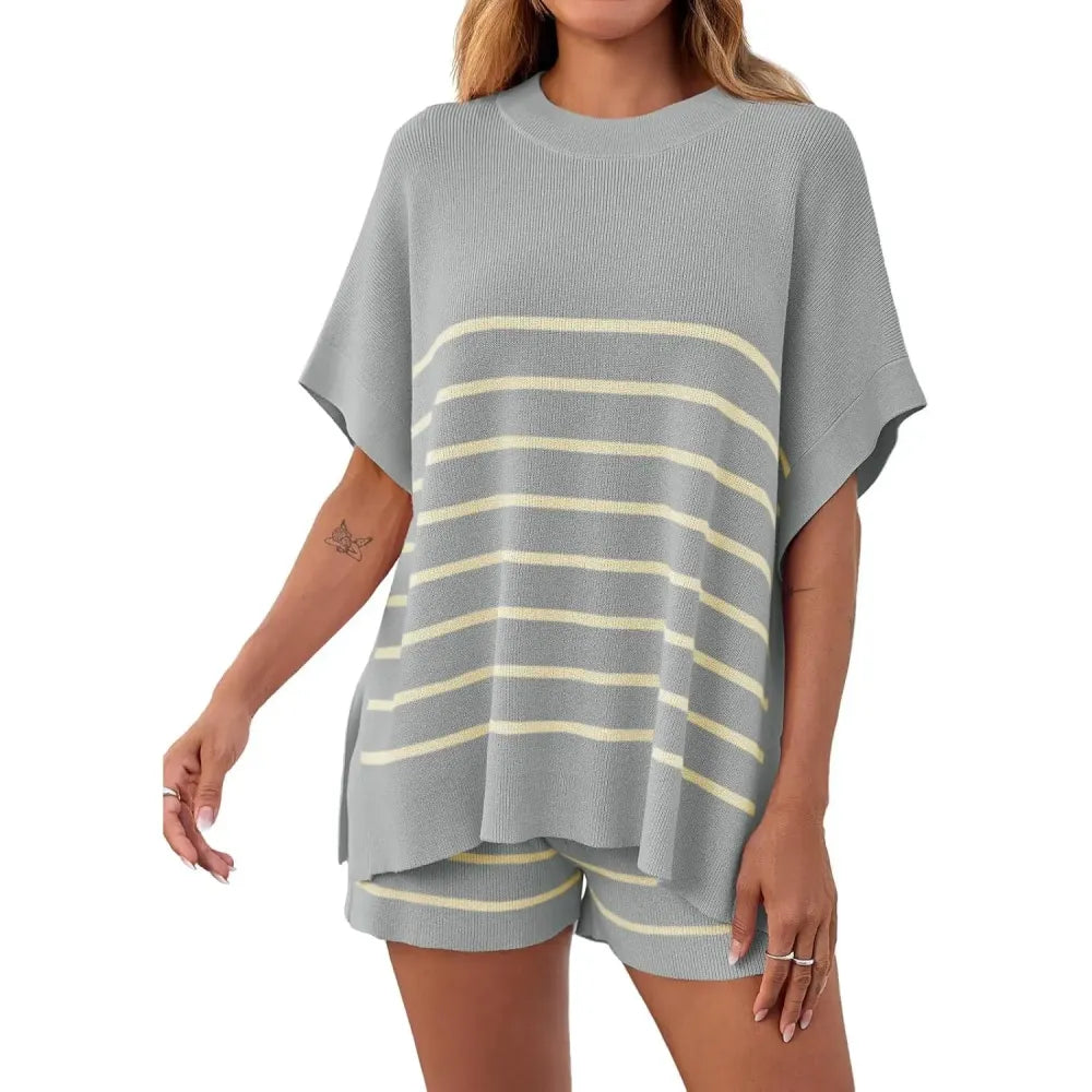 Women’s Summer Striped 2-Piece Set – Relaxed Fit Top & Shorts Lounge Set