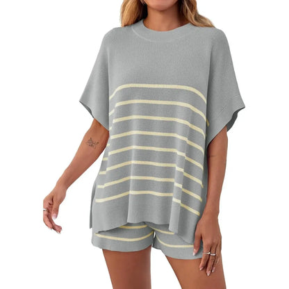 Women’s Summer Striped 2-Piece Set – Relaxed Fit Top & Shorts Lounge Set