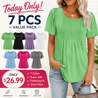 🔥Last day promotion🔥Womens T Shirts Short Sleeve Pleated Dressy Casual Scooped Neck Summer Tops Blouses