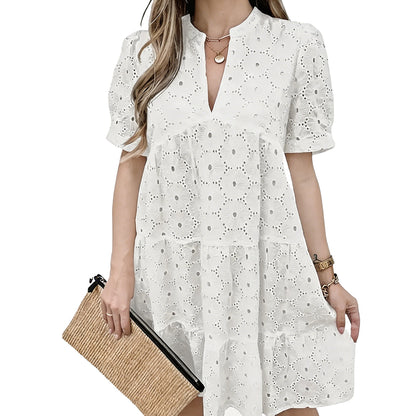 Women's Summer Lace Dresses Eyelet Casual Flowy Babydoll Swing Short Sleeve V Neck Tunic Dress