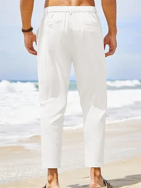 Men’s Lightweight Cotton Linen Pants – Elastic Waist Slim Fit Casual Trousers with Pockets for Beach, Yoga & Everyday Wear