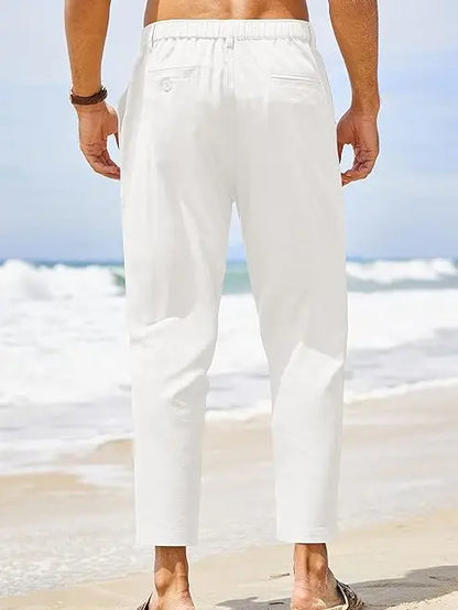 Men’s Lightweight Cotton Linen Pants – Elastic Waist Slim Fit Casual Trousers with Pockets for Beach, Yoga & Everyday Wear