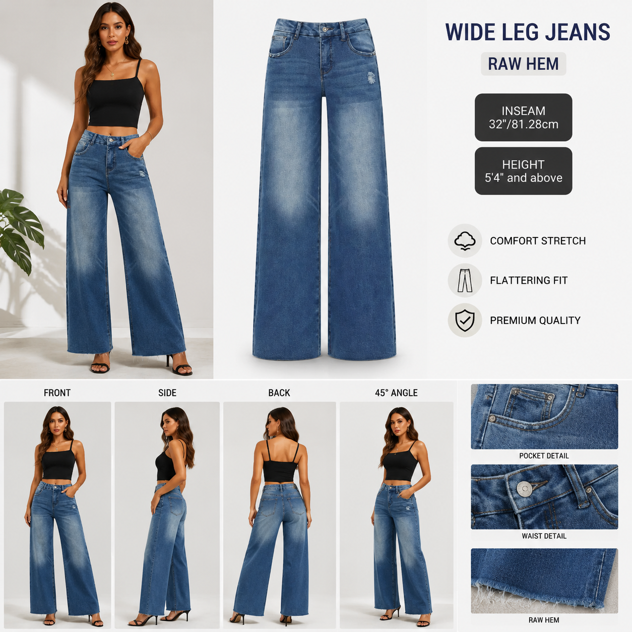 Women's Mid-Low Rise Washed Baggy Wide Leg Jeans – Stretchy Denim Pants