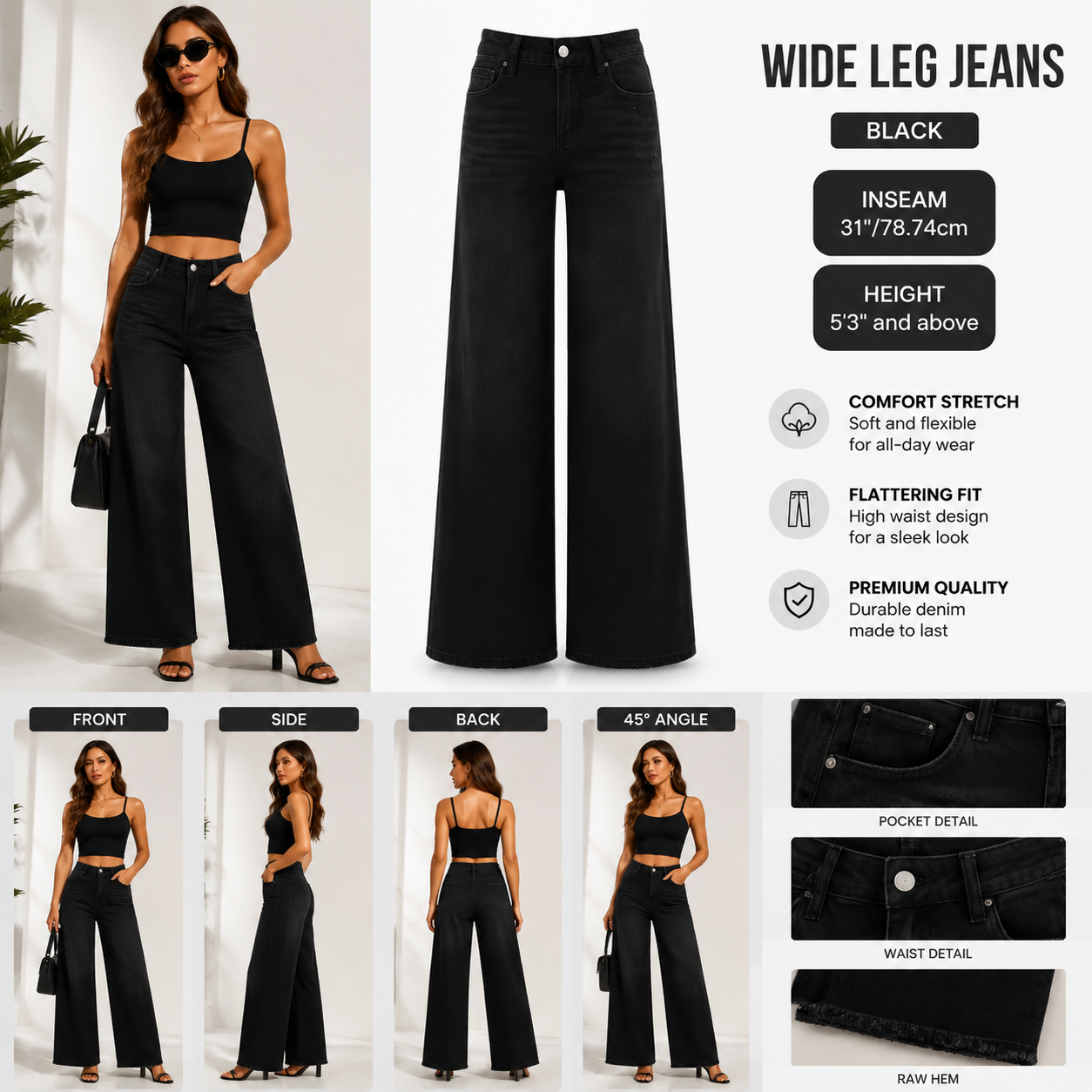 Women's Mid-Low Rise Washed Baggy Wide Leg Jeans – Stretchy Denim Pants