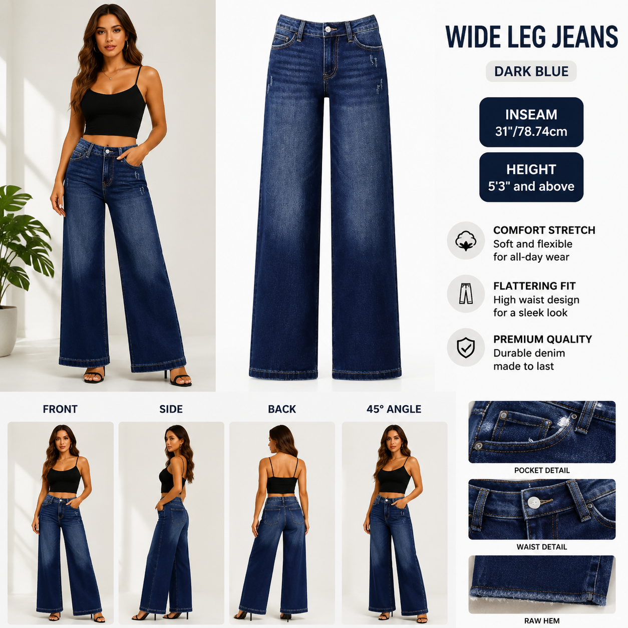 Women's Mid-Low Rise Washed Baggy Wide Leg Jeans – Stretchy Denim Pants