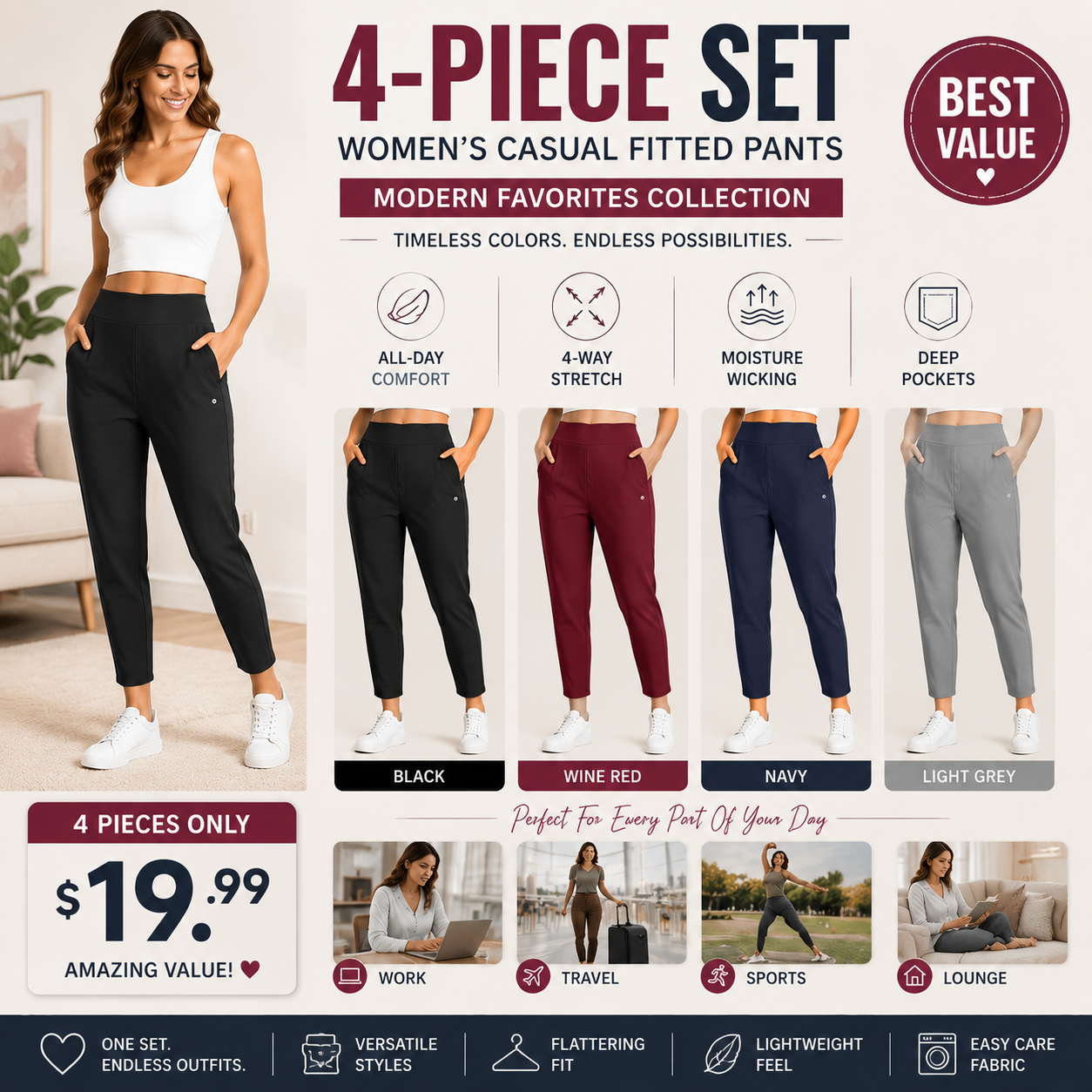 Women's Lightweight Ankle Pants – Soft Stretch Work Pants with UPF 50+ & Zipper Pockets