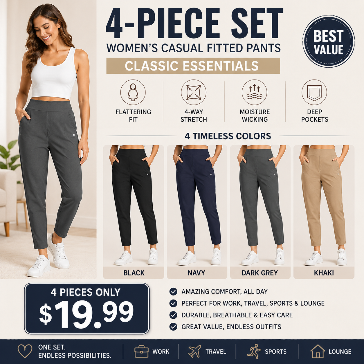Women's Lightweight Ankle Pants – Soft Stretch Work Pants with UPF 50+ & Zipper Pockets