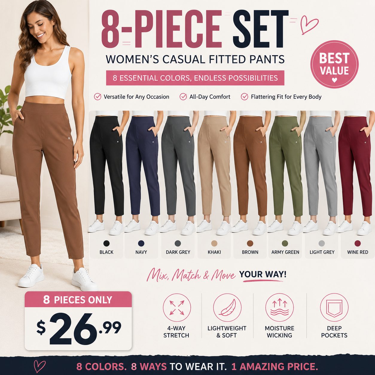Women's Lightweight Ankle Pants – Soft Stretch Work Pants with UPF 50+ & Zipper Pockets