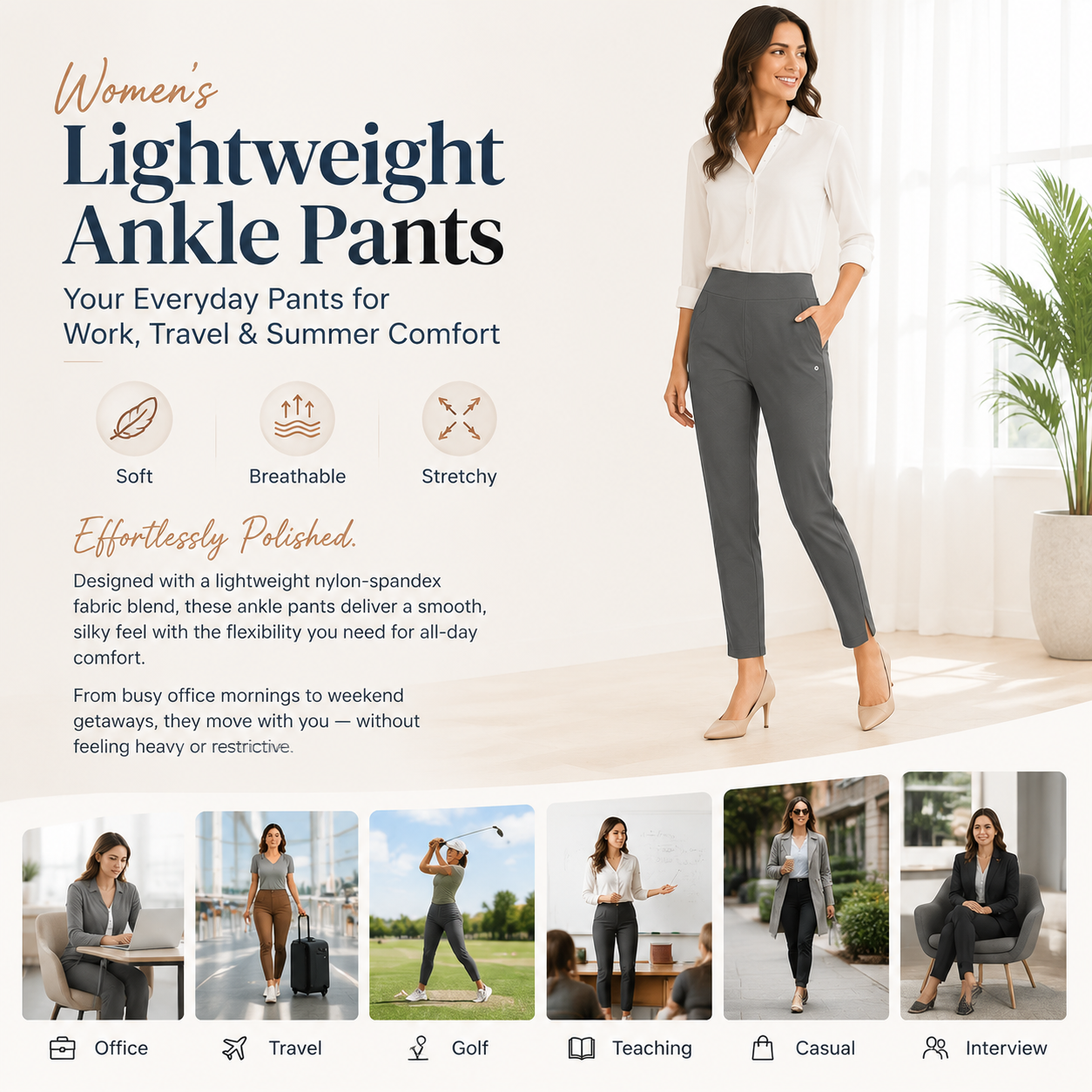 Women's Lightweight Ankle Pants – Soft Stretch Work Pants with UPF 50+ & Zipper Pockets