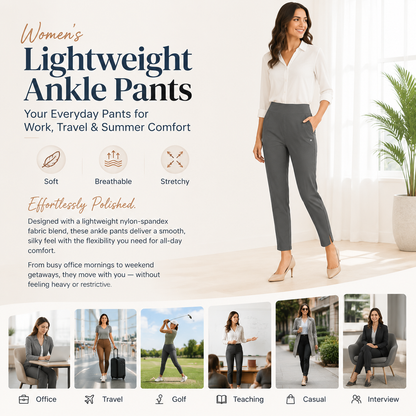 Women's Lightweight Ankle Pants – Soft Stretch Work Pants with UPF 50+ & Zipper Pockets