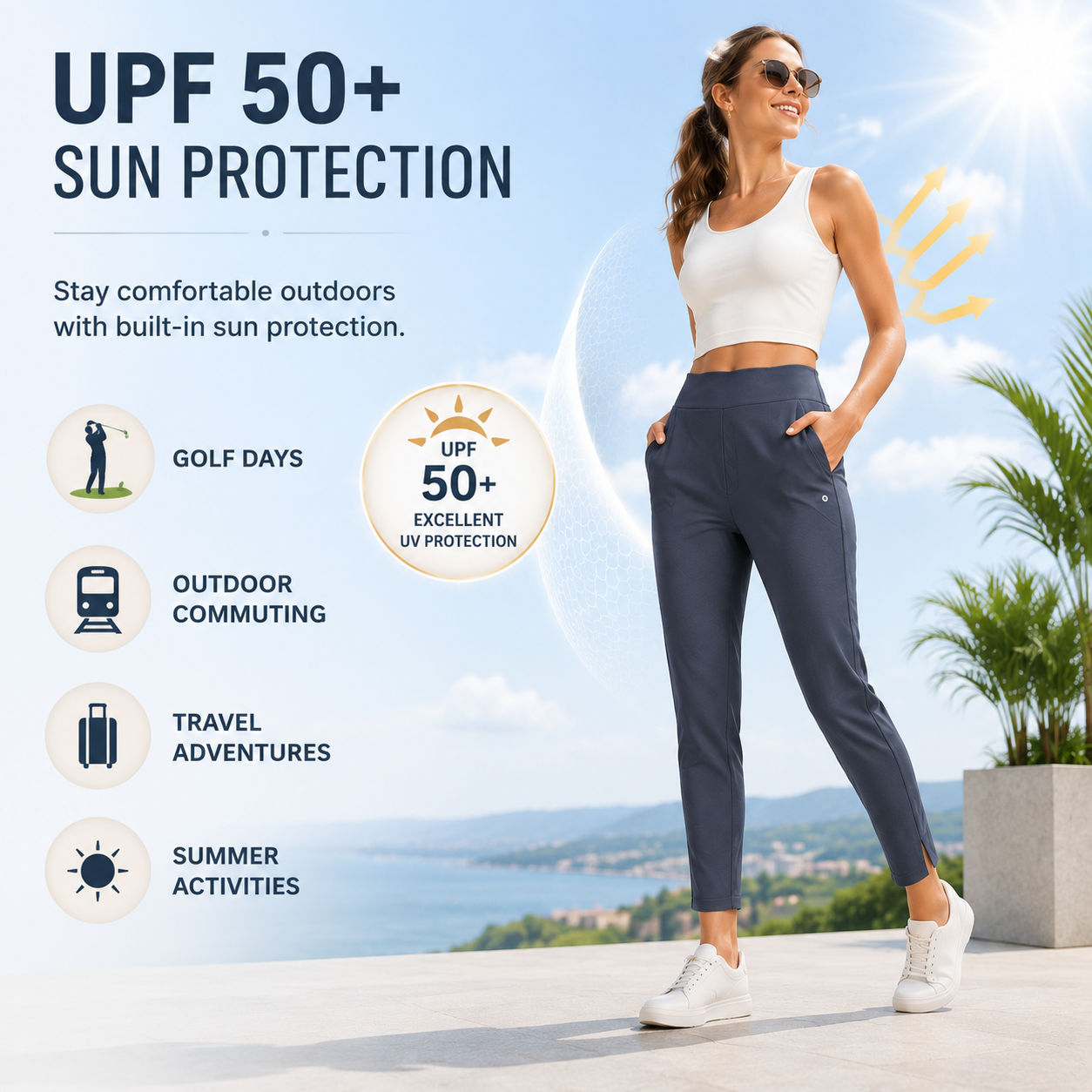 Women's Lightweight Ankle Pants – Soft Stretch Work Pants with UPF 50+ & Zipper Pockets