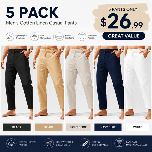 Men’s Lightweight Cotton Linen Pants – Elastic Waist Slim Fit Casual Trousers with Pockets for Beach, Yoga & Everyday Wear