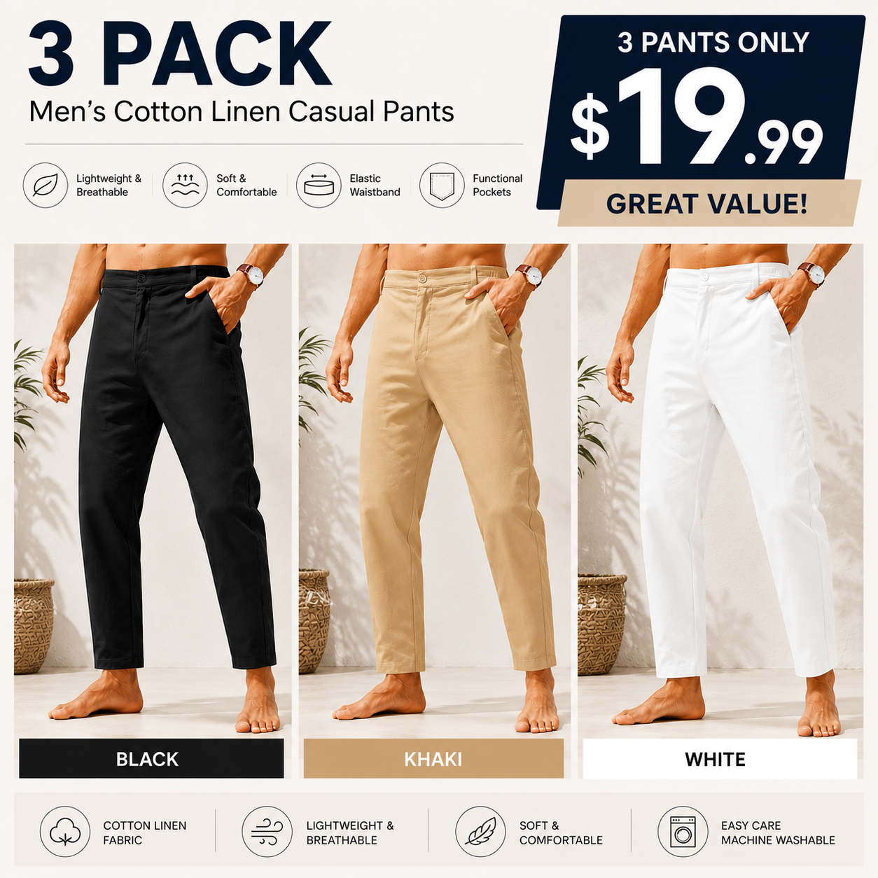 Men’s Lightweight Cotton Linen Pants – Elastic Waist Slim Fit Casual Trousers with Pockets for Beach, Yoga & Everyday Wear