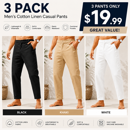 Men’s Lightweight Cotton Linen Pants – Elastic Waist Slim Fit Casual Trousers with Pockets for Beach, Yoga & Everyday Wear