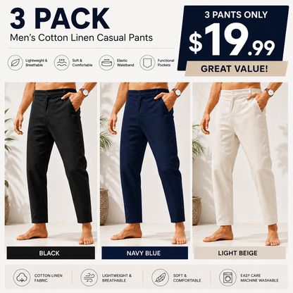 Men’s Lightweight Cotton Linen Pants – Elastic Waist Slim Fit Casual Trousers with Pockets for Beach, Yoga & Everyday Wear