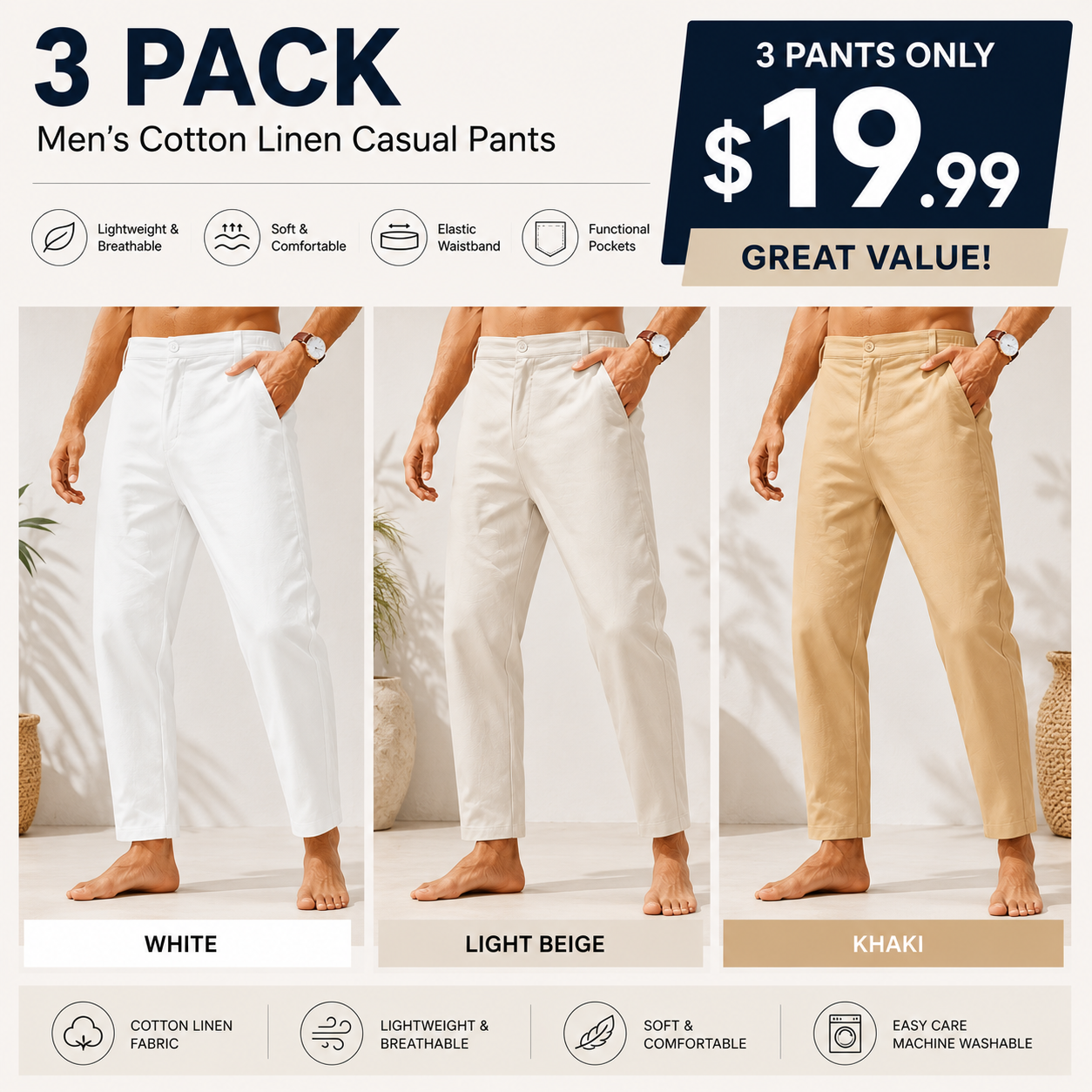 Men’s Lightweight Cotton Linen Pants – Elastic Waist Slim Fit Casual Trousers with Pockets for Beach, Yoga & Everyday Wear