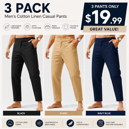 Men’s Lightweight Cotton Linen Pants – Elastic Waist Slim Fit Casual Trousers with Pockets for Beach, Yoga & Everyday Wear