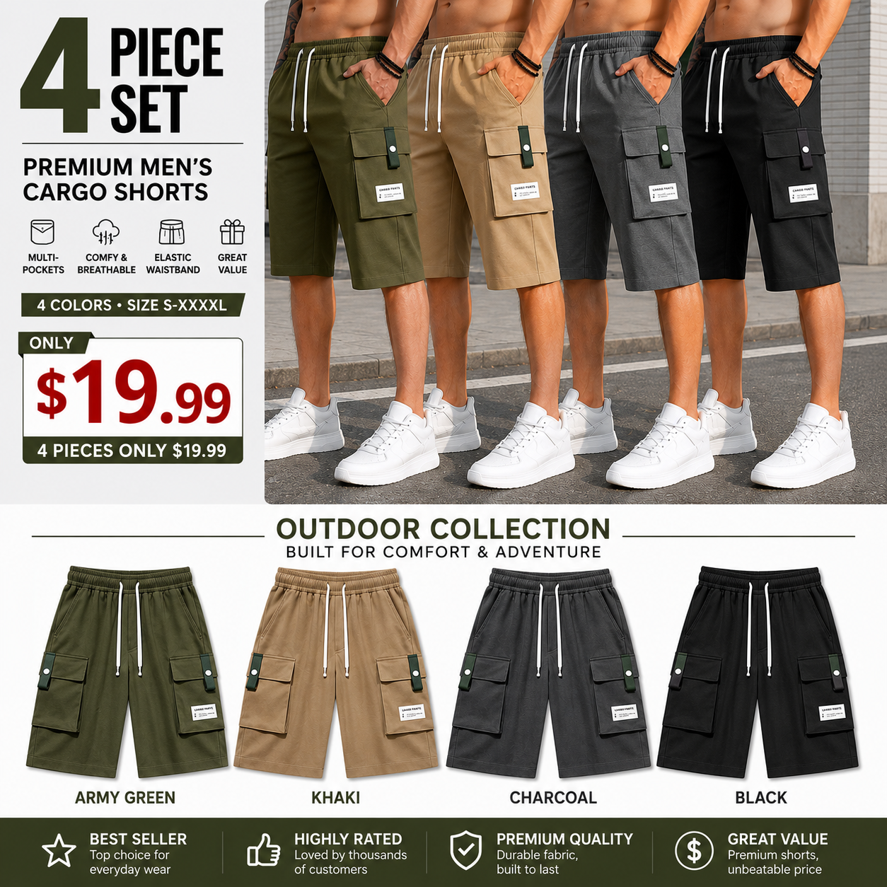 Men's Casual Cargo Shorts – Lightweight Multi-Pocket Bermuda Shorts with Elastic Drawstring Waist, Loose Fit for Work, Hiking, Travel & Everyday Wear