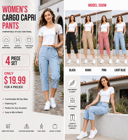 Women’s Plus Size Cargo Capri Pants – Lightweight Loose Fit Summer Pants
