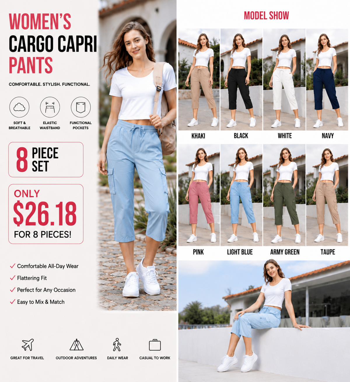 Women’s Plus Size Cargo Capri Pants – Lightweight Loose Fit Summer Pants