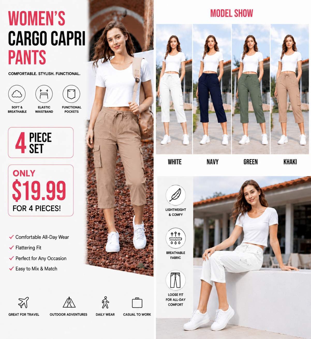 Women’s Plus Size Cargo Capri Pants – Lightweight Loose Fit Summer Pants