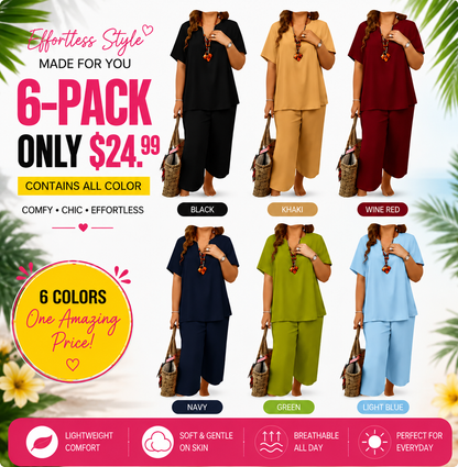 Women's Solid Short Sleeve Top & Loose Wide Leg Pants 2-Piece Set