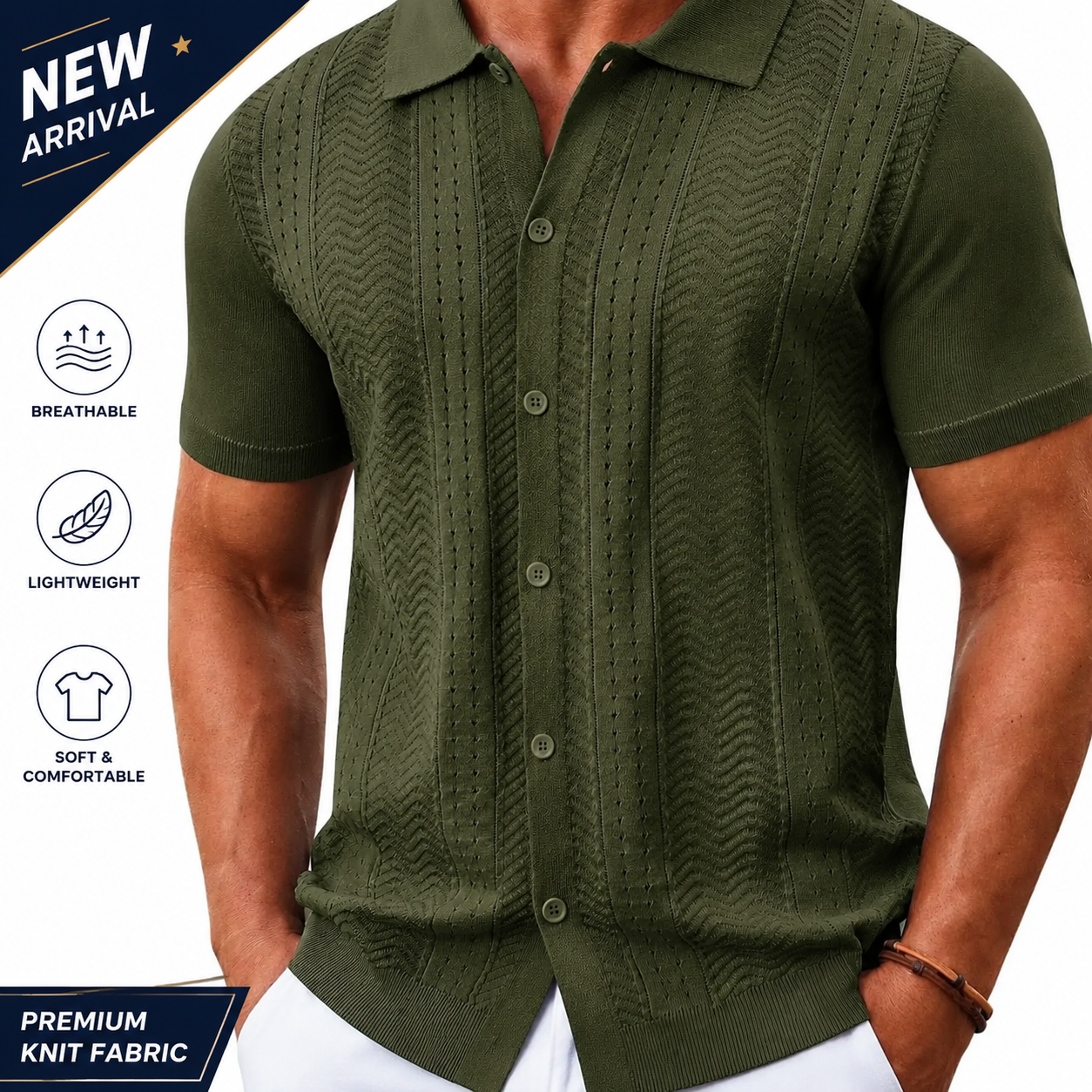 ⭐ Men’s Premium Knit Button Down Shirt – Lightweight Short Sleeve Summer Casual Shirt for Beach & Vacation