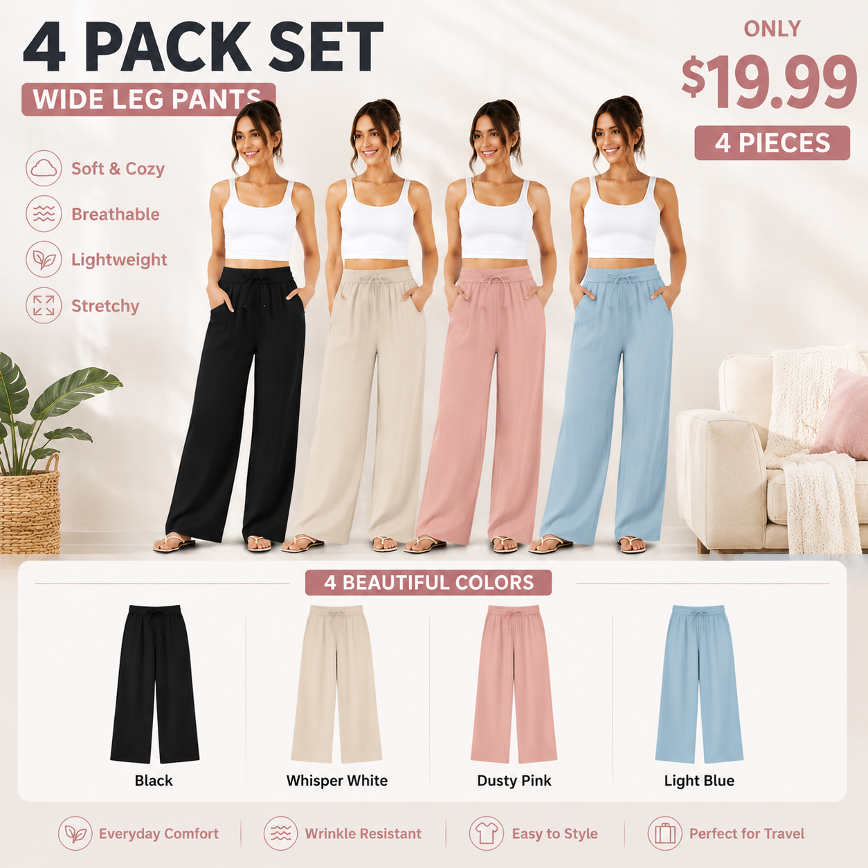 High Waisted Drawstring Pocket Wide Leg Baggy Casual Linen-Feel Pants