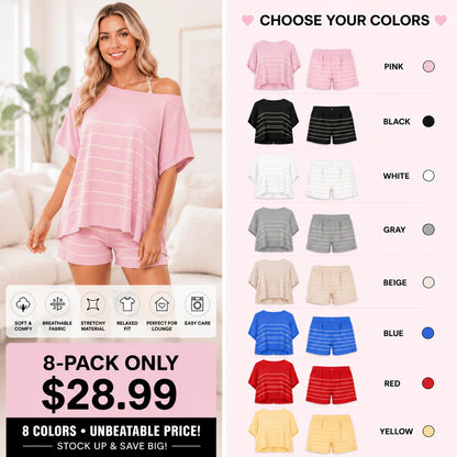 Women’s Summer Striped 2-Piece Set – Relaxed Fit Top & Shorts Lounge Set