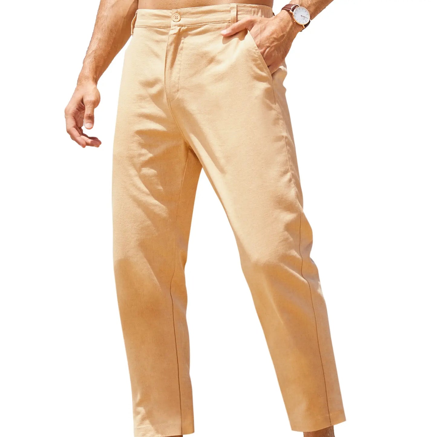 Men’s Lightweight Cotton Linen Pants – Elastic Waist Slim Fit Casual Trousers with Pockets for Beach, Yoga & Everyday Wear