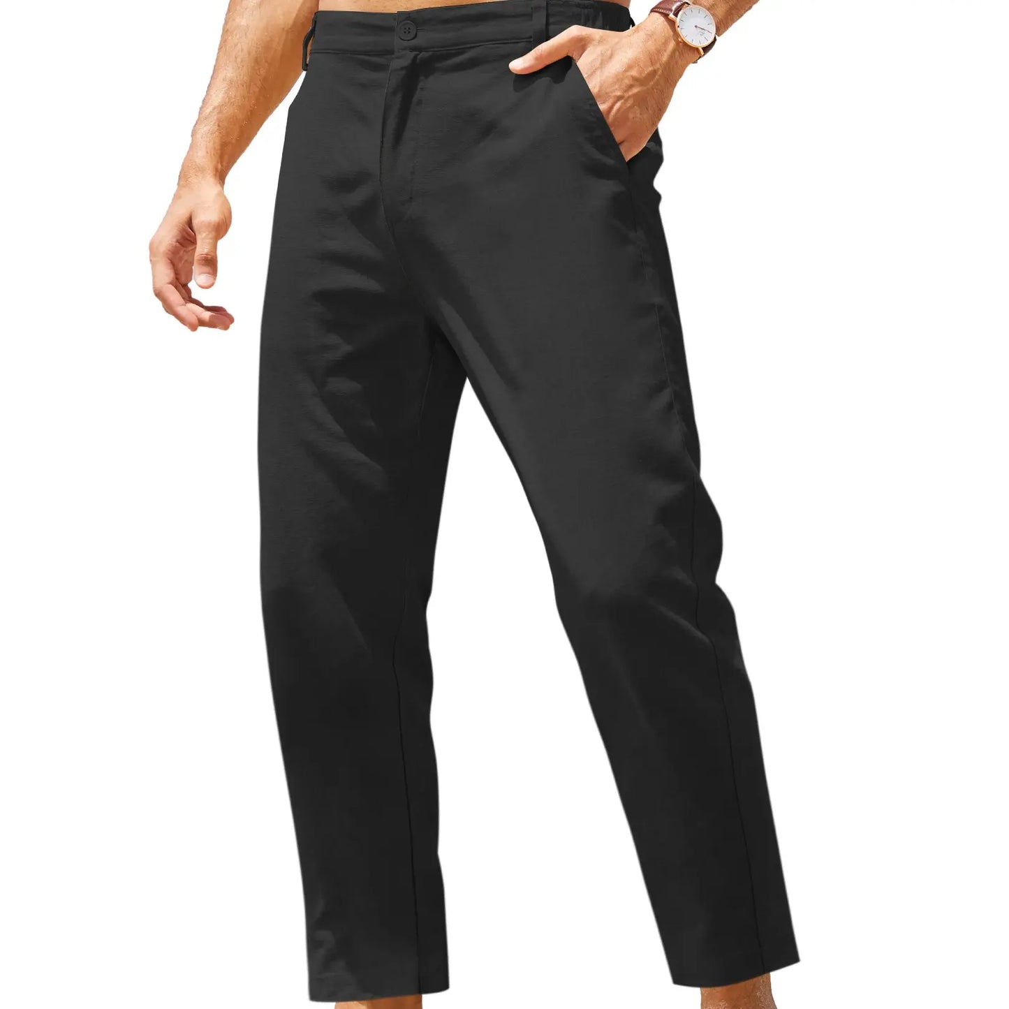 Men’s Lightweight Cotton Linen Pants – Elastic Waist Slim Fit Casual Trousers with Pockets for Beach, Yoga & Everyday Wear