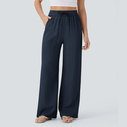 High Waisted Drawstring Pocket Wide Leg Baggy Casual Linen-Feel Pants