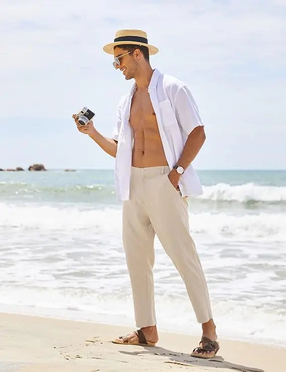 Men’s Lightweight Cotton Linen Pants – Elastic Waist Slim Fit Casual Trousers with Pockets for Beach, Yoga & Everyday Wear