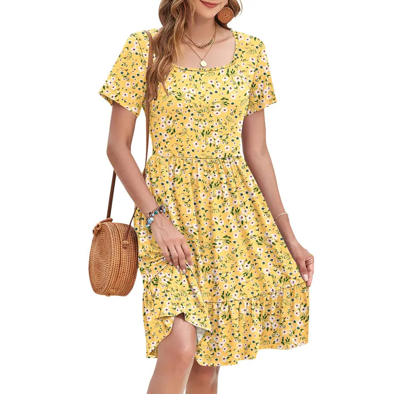 Women Square Neck Ditsy Floral Dress, Ruffle Empire Waist A-Line Sundress With Pockets