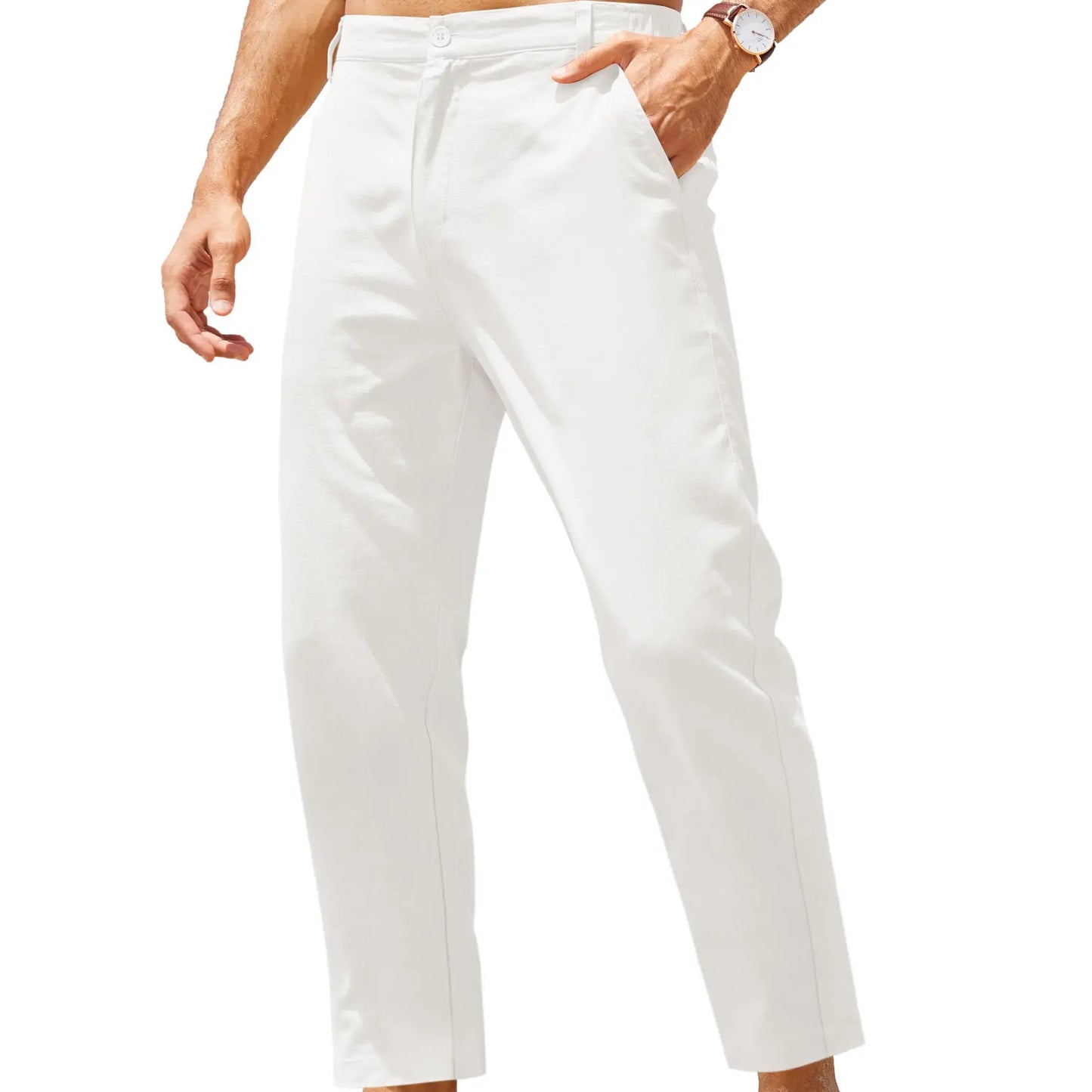 Men’s Lightweight Cotton Linen Pants – Elastic Waist Slim Fit Casual Trousers with Pockets for Beach, Yoga & Everyday Wear