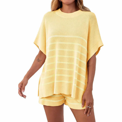Women’s Summer Striped 2-Piece Set – Relaxed Fit Top & Shorts Lounge Set