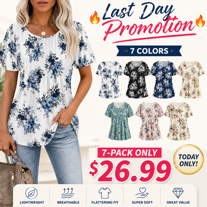 🔥Last day promotion🔥Womens T Shirts Short Sleeve Pleated Dressy Casual Scooped Neck Summer Tops Blouses