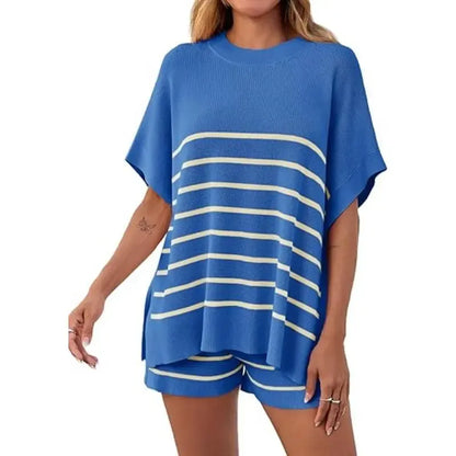 Women’s Summer Striped 2-Piece Set – Relaxed Fit Top & Shorts Lounge Set